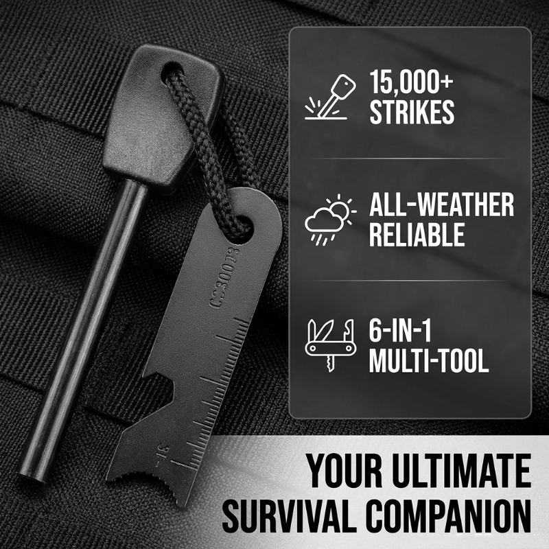 Magnesium Fire Starter - Çok Fonksiyonlu Ahşap Saplı Magnezyum Ateş