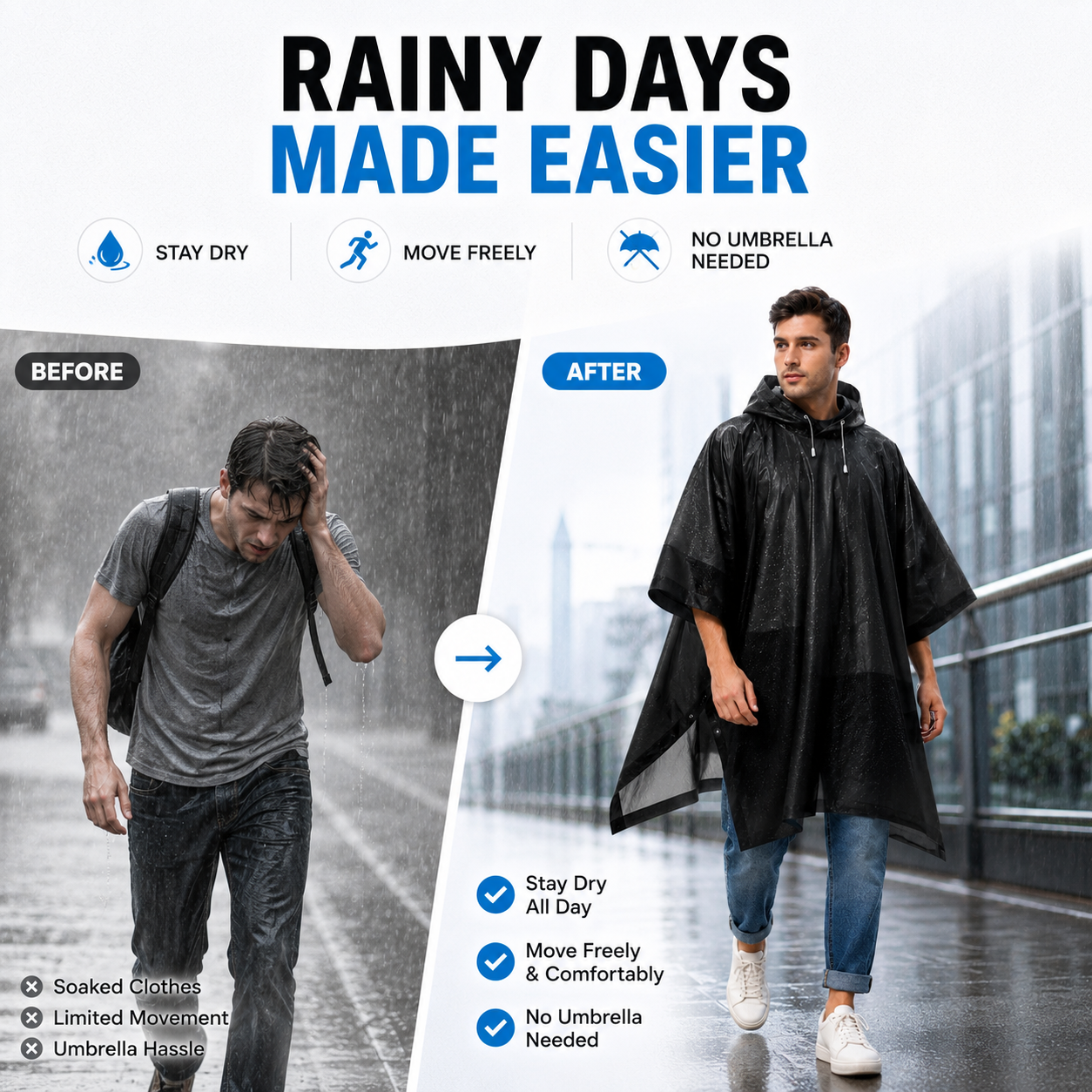 Emergency Poncho Rain - 3'ü 1 arada Su Geçirmez Açık