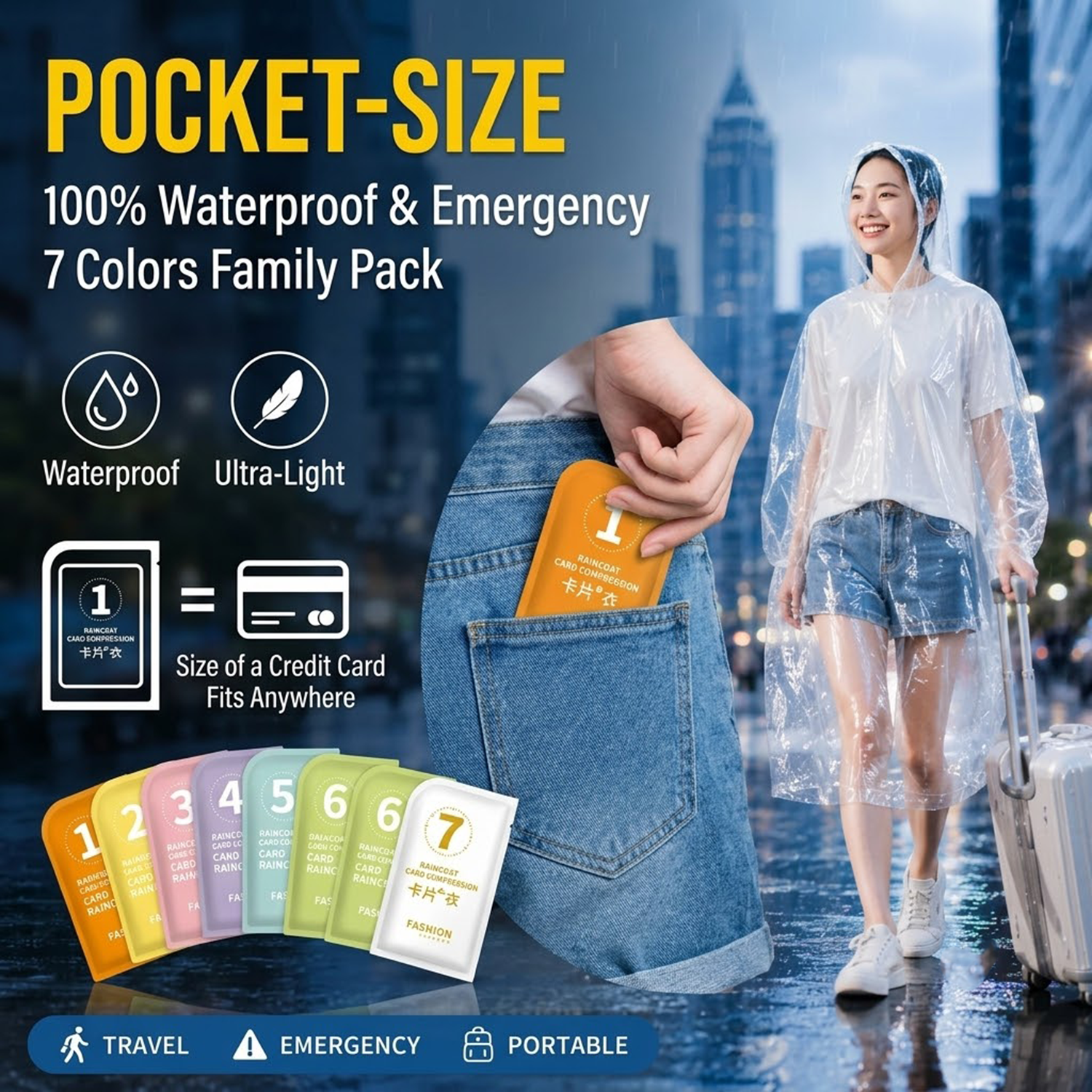 Emergency Poncho Rain - Unisex Taşınabilir Kart Tipi Tek Kullanımlık